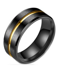 **COI Tungsten Carbide Black Gold Tone Center Groove Beveled Edges Ring-7966AA