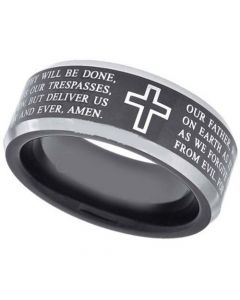 **COI Tungsten Carbide Black Silver Cross Prayer Beveled Edges Ring-7968AA