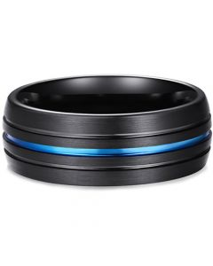 **COI Tungsten Carbide Black Blue Triple Grooves Dome Court Ring-7992AA