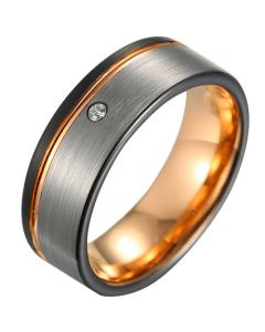 **COI Tungsten Carbide Black Rose Silver Offset Groove Ring With Cubic Zirconia-8082AA
