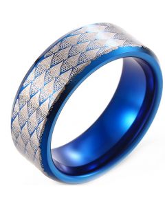 **COI Tungsten Carbide Silver/Blue Silver Checkered Flag Sandblasted Beveled Edges Ring-8304AA