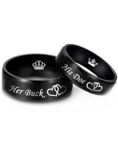 **COI Black Tungsten Carbide Her Buck His Doe Double Hearts Beveled Edges Ring With Crown-8320AA