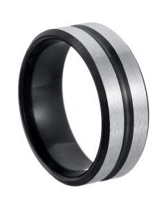 *COI Titanium Black Silver Center Groove Beveled Edges Ring-3579