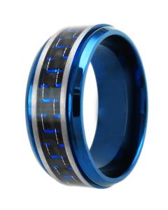 COI Tungsten Carbide Blue Silver Ring With Carbon Fiber - TG4012