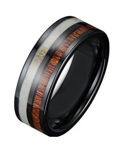 *COI Black Titanium Antler & Wood Pipe Cut Flat Ring - JT1598