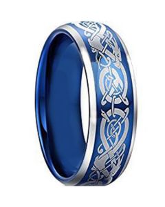 **COI Tungsten Carbide Blue Silver Dragon Beveled Edges  Ring-4603