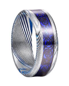 *COI Tungsten Carbide Blue Silver Dragon Damascus Beveled Edges Ring-5827