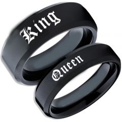 *COI Black Tungsten Carbide King Queen Beveled Edges Ring-TG1585