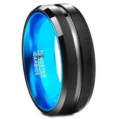 COI Tungsten Carbide Black Blue Center Groove Ring - TG359