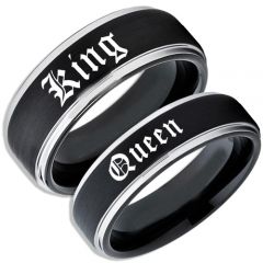 *COI Tungsten Carbide Black Silver King Queen Ring-TG5060