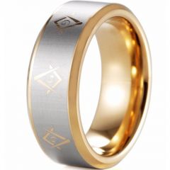 COI Gold Tone Tungsten Carbide Masonic Pipe Cut Flat Beveled Edges Ring-5127