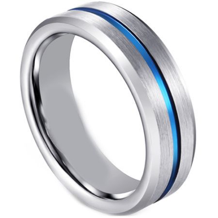 COI Tungsten Carbide Blue Silver Center Groove Ring - TG1306CC