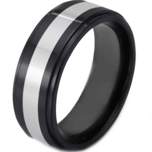 COI Tungsten Carbide Black Silver Step Edges Ring-TG1926
