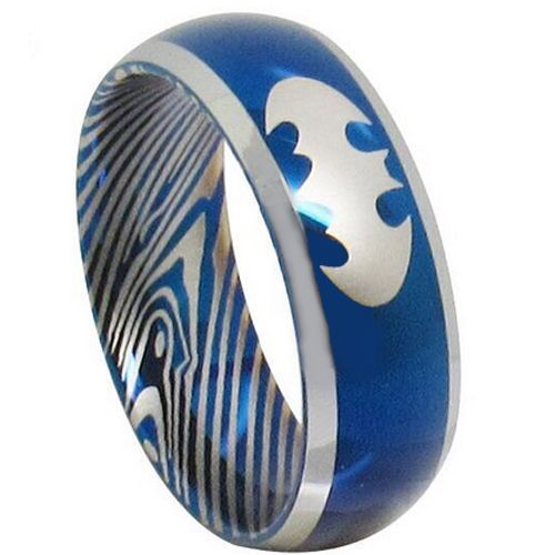 *COI Tungsten Carbide Blue Silver Bat Man Damascus Ring - TG3853