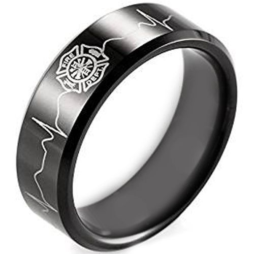 COI Black Tungsten Carbide Firefighter & Heartbeat Ring - TG4627