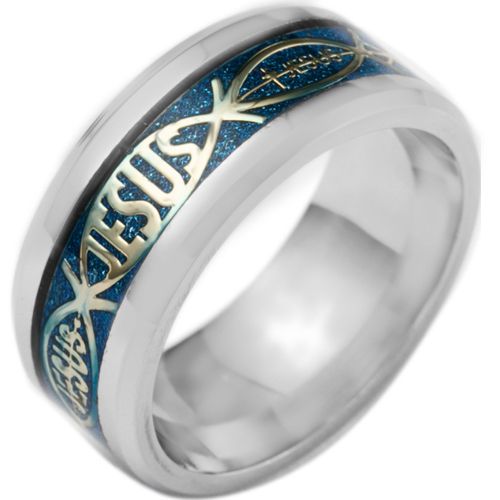 **COI Titanium Jesus Beveled Edges Ring With Gold Tone/Blue Meteorite-6839