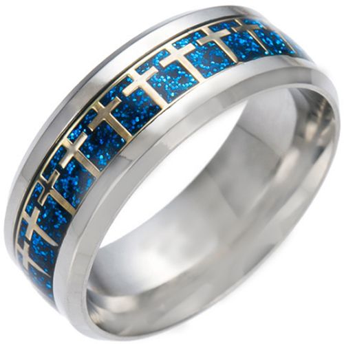 *COI Titanium Cross Beveled Edges Ring With Gold Tone/Silver/Blue Meteorite-6849