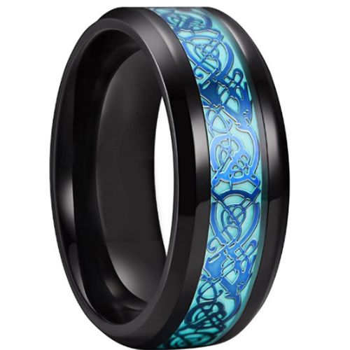 **COI Black Titanium Beveled Edges Ring With Blue Dragon-6918