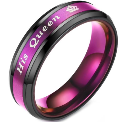 **COI Titanium Black Purple His Queen & Crown Beveled Edges Ring-6940