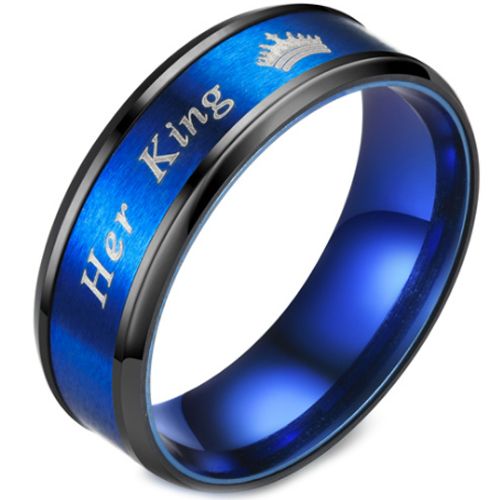 **COI Titanium Black Blue Her King & Crown Beveled Edges Ring-6941