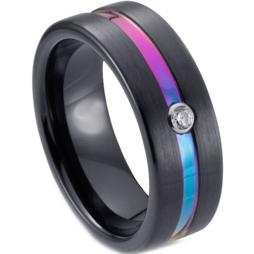 **COI Black Tungsten Carbide Rainbow Pride Center Groove Pipe Cut Flat Ring-7057