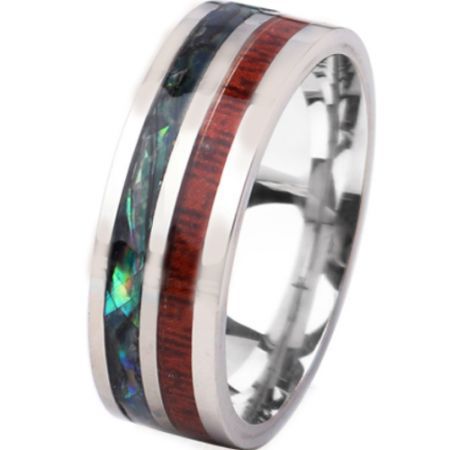 **COI Titanium Pipe Cut Flat Ring With Abalone Shell and Wood-7135AA