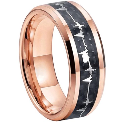 **COI Rose Tungsten Carbide Heartbeat Beveled Edges Ring With Carbon Fiber-7365