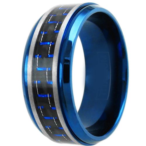 COI Tungsten Carbide Blue Silver Ring With Carbon Fiber - TG4012