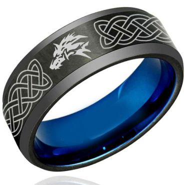 *COI Tungsten Carbide Black Blue Celtic Wolf Ring - 1222