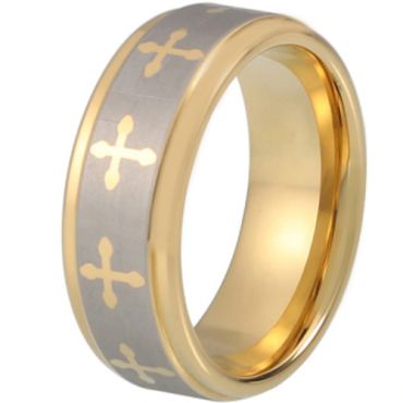 COI Tungsten Carbide Gold Tone Silver Cross Ring - TG1870