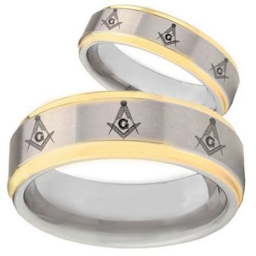 COI Tungsten Carbide Gold Tone Silver Masonic Ring - TG2743BB