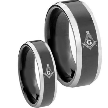 COI Tungsten Carbide Black Silver Masonic Ring - TG3558BB