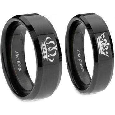*COI Black Tungsten Carbide King Queen Crown Ring - TG4552
