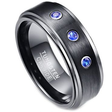 COI Black Tungsten Carbide Ring With Created Blue Sapphire-TG3851