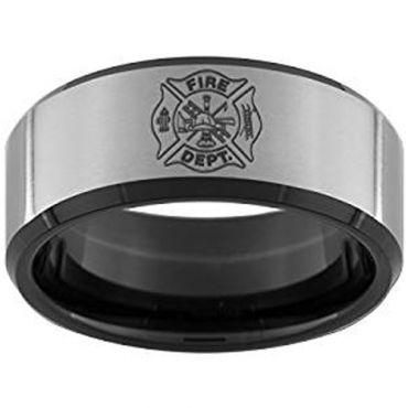 *COI Titanium Black Silver Firefighter Beveled Edges Ring-JT3908