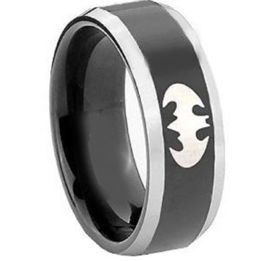 **COI Tungsten Carbide Black Silver Batman Beveled Edges Ring-4411