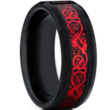 COI Tungsten Carbide Black Red Dragon Beveled Edges Ring-TG4659