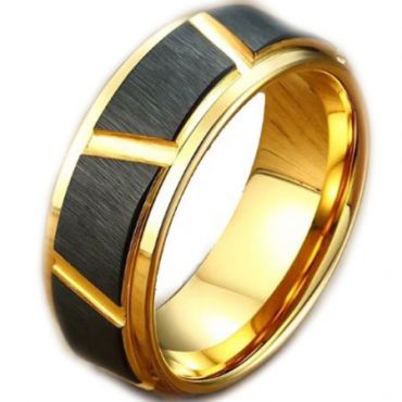*COI Tungsten Carbide Black Gold Tone Diagonal Grooves Ring-5023
