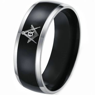 **COI Titanium Black Silver Masonic Beveled Edges Ring - 3589