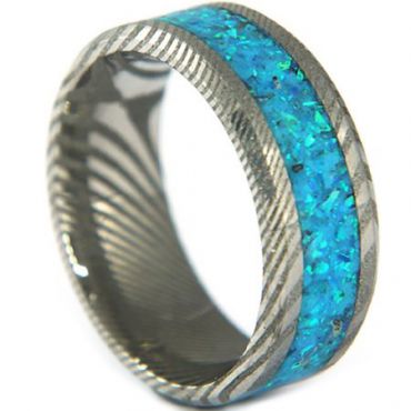 COI Tungsten Carbide Damascus Beveled Edges Ring With Crushed Opal-5318
