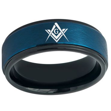 **COI Tungsten Carbide Black Blue Masonic Step Edges Ring-5460