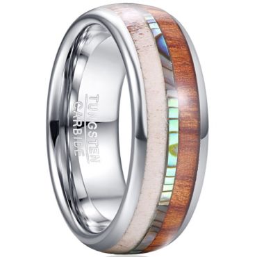 COI Tungsten Carbide Deer Antler Wood Abalone Shell Dome Court Ring-5461