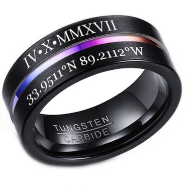 COI Black Tungsten Carbide Rainbow Pride Center Groove Ring With Custom Roman Numerals-5470