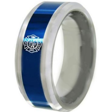 COI Tungsten Carbide Blue Silver Fire Fighter Beveled Edges Ring-5488