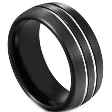 *COI Black Tungsten Carbide Double Grooves Dome Court Ring-5590