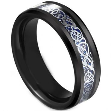 *COI Tungsten Carbide Black Blue Dragon Beveled Edges Ring-5607
