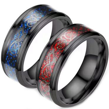 COI Tungsten Carbide Black Red/Blue Dragon Beveled Edges Ring-5617