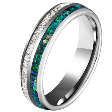 COI Tungsten Carbide Dome Court Ring With Meteorite and Crushed Opal-5625