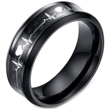 **COI Titanium Black/Blue/Silver Heartbeat Beveled Edges Ring With Carbon Fiber-5875