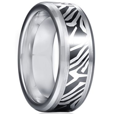 *COI Tungsten Carbide Black Silver Damascus Pattern Beveled Edges Ring-5930